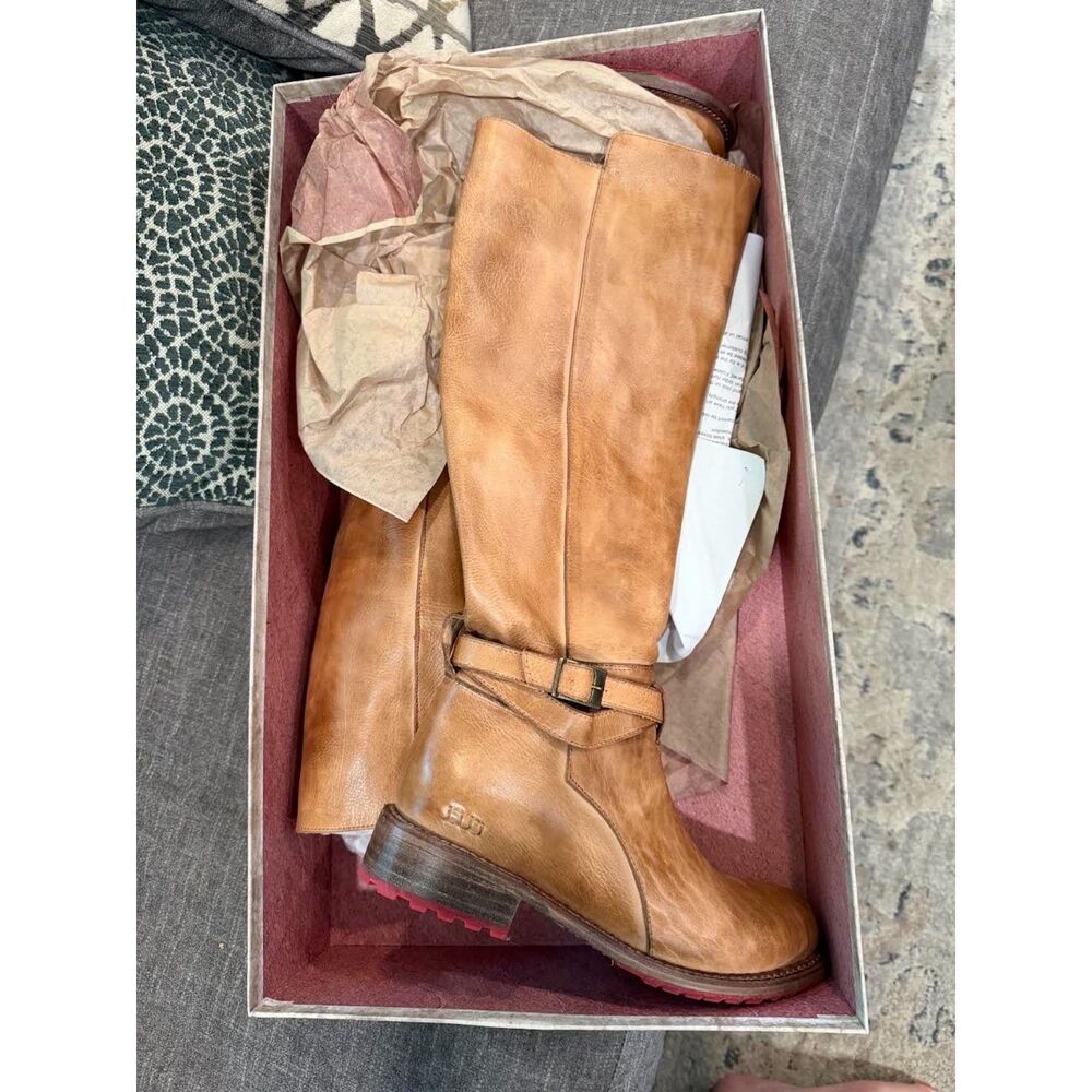 BED STU Cobbler Series Womens 7.5 Tan Leather Tall Riding Boots Red Sole New